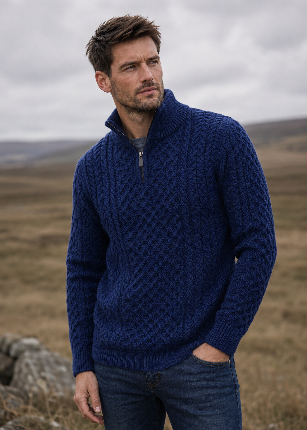 Men's Aran Half Zip Sweater | Deep Water Blue