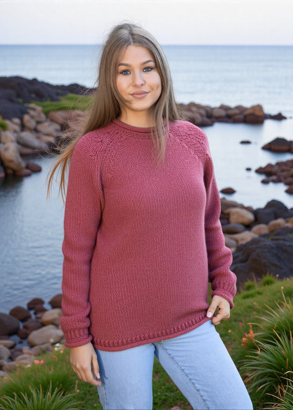 Ladies Roll Neck Fisherman Sweater | Pink