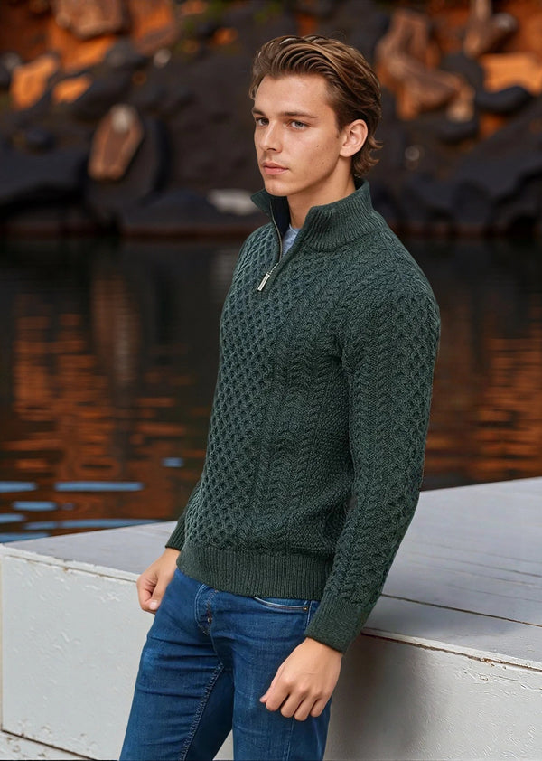 Aran Merino Wool Half Zip Sweater | Green