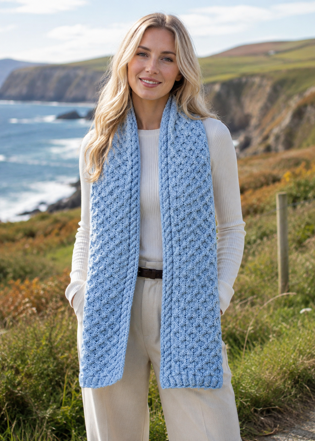 Aran Merino wool Honeycomb Scarf | Sky Marl