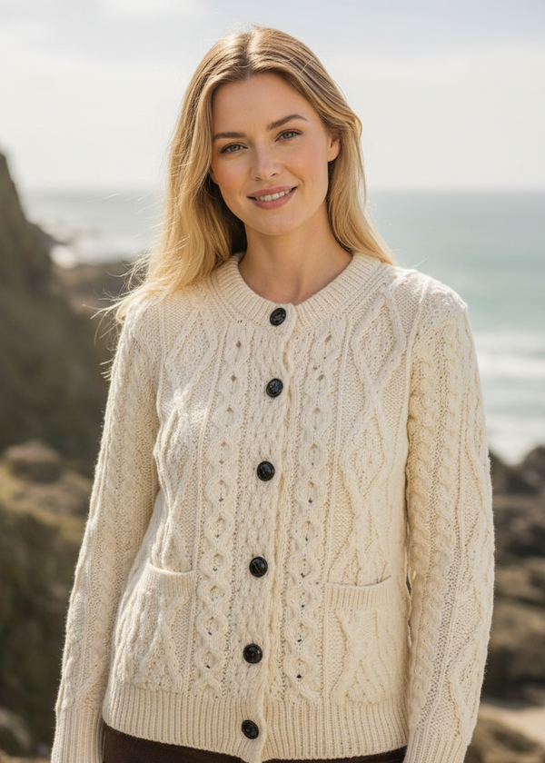 Ladies Aran Cardigan | 100% Wool | Natural