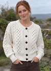 Ladies Merino Cropped Classic Aran Cardigan | White
