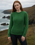 Ladies Slim-Fit Aran Sweater in Green | 100% Merino Wool