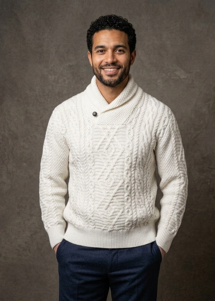 Men's Aran Shawl Neck Sweater | Natural Merino Wool