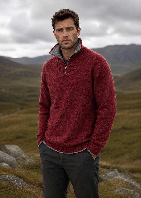 Men's Lambswool Quarter Zip Sweater | IrelandsEye | Crimson