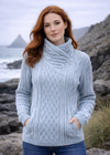 Women's Light Blue Aran Cable Knit Sweater with Side Zip | Merino Wool
