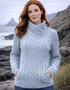 Women's Light Blue Aran Cable Knit Sweater with Side Zip | Merino Wool