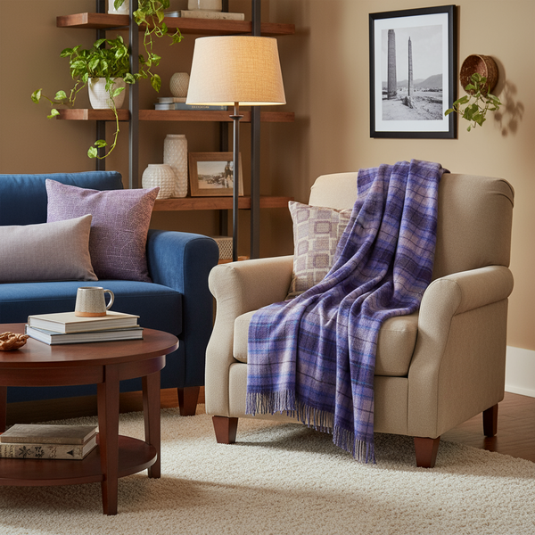 John Hanly Lambswool Throw | Purple Violet Blue Check