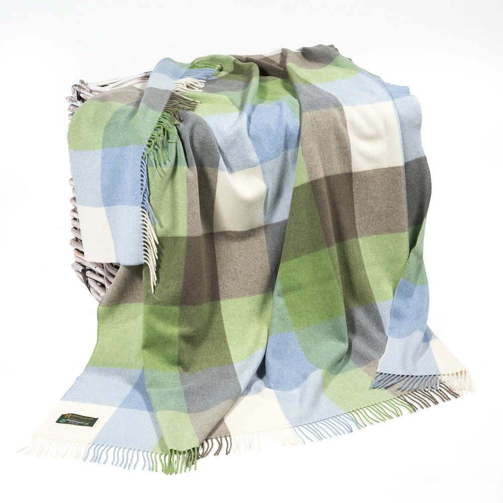 John Hanly Baby Blue Green Block Check Throw