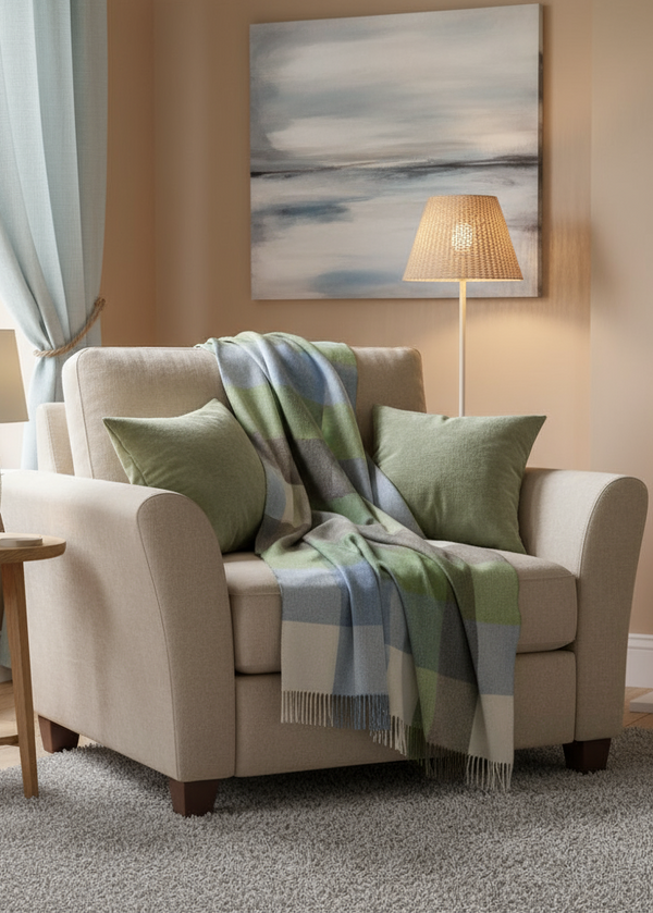 John Hanly Baby Blue Green Block Check Throw