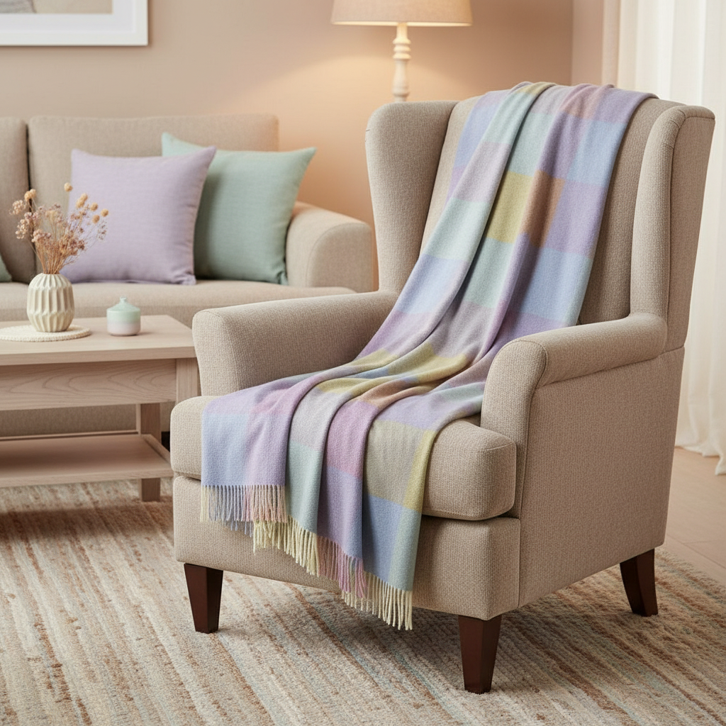 John Hanly Pink Blue Yellow Lilac Block Check Blanket