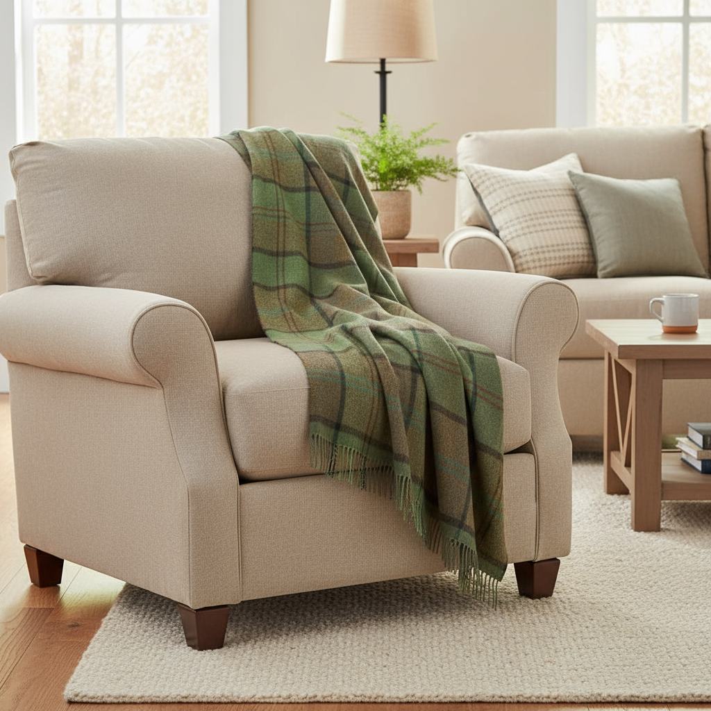 John Hanly Green Check Lambswool Throw Blanket