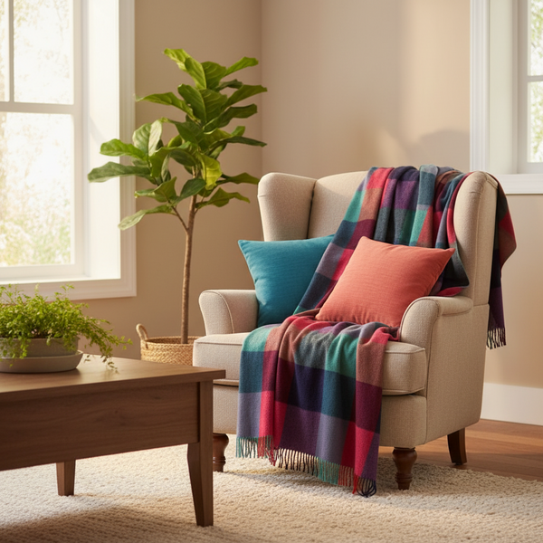 Lambswool Throw Bright Pink, Purple and Teal Block Check