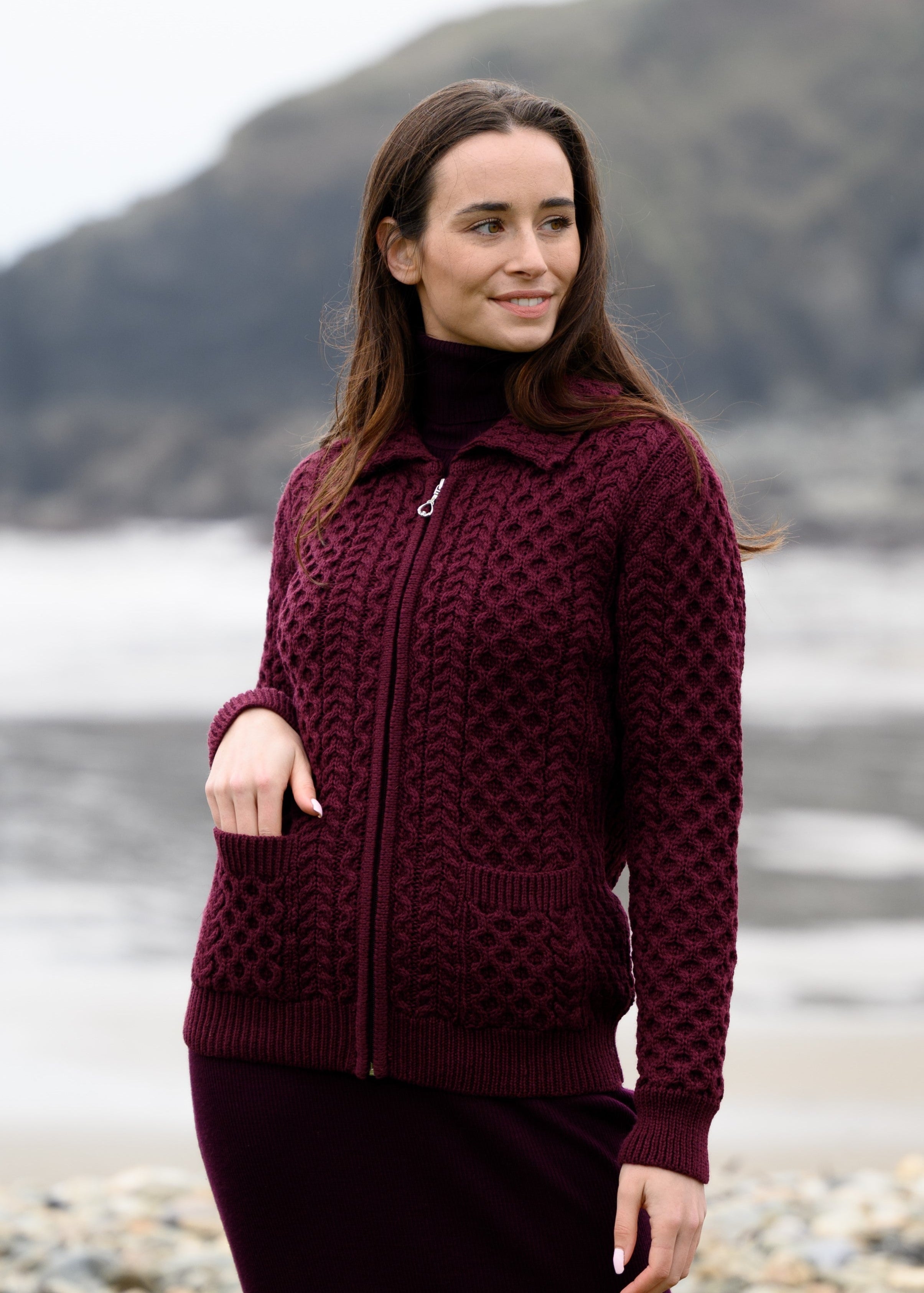 Aran Full Zip Cardigan | Raspberry Marl