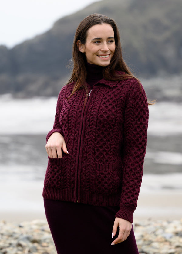 Aran Full Zip Cardigan | Raspberry Marl