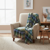 Beige armchair with a plaid green and purple blanket in a cozy living room.