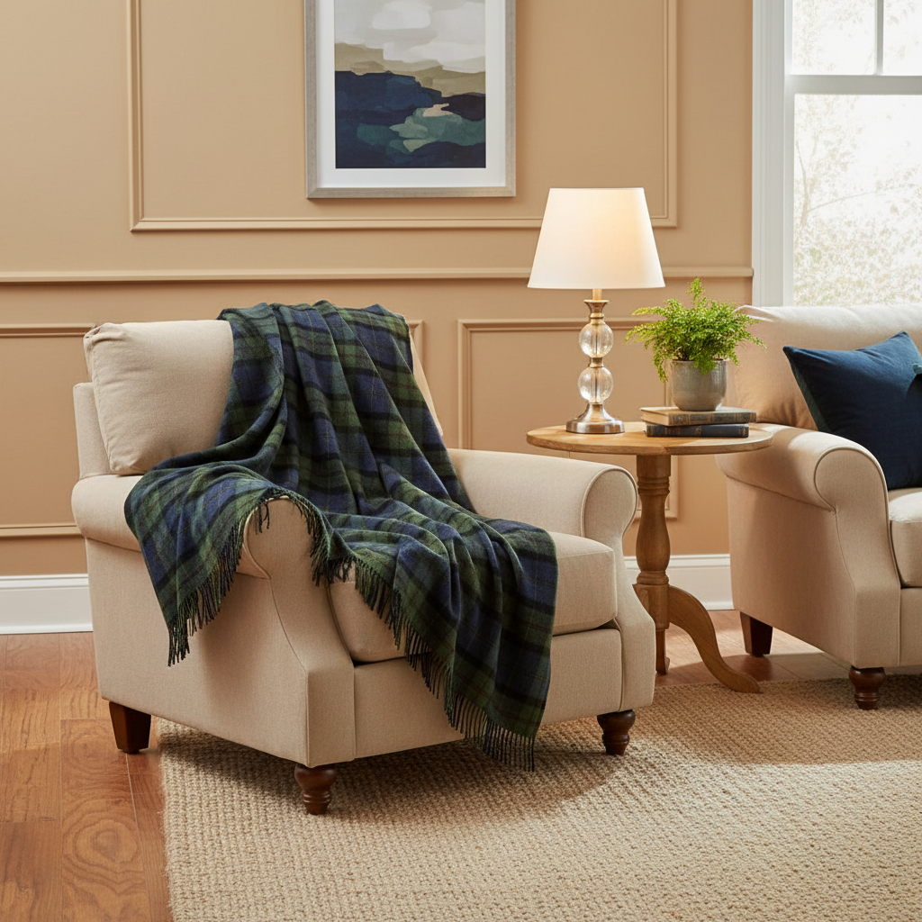 John Hanly Lambswool Throw Denim Green Plaid