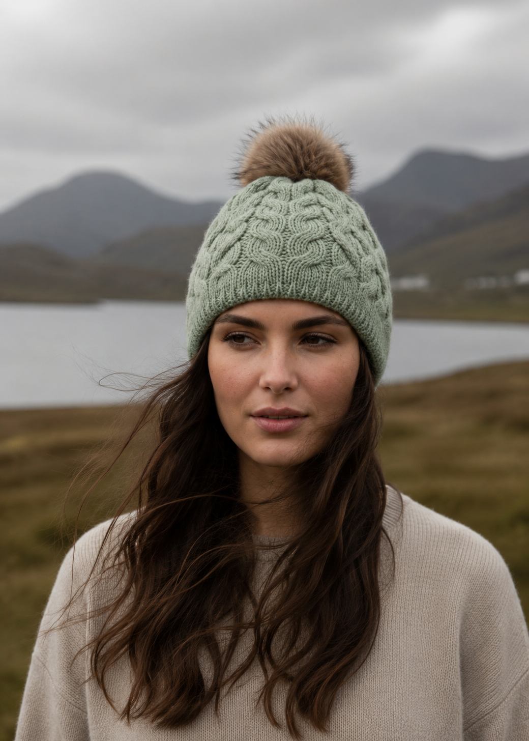 Woman wearing a green knit beanie with a pom-pom in a scenic outdoor setting with mountains and water.