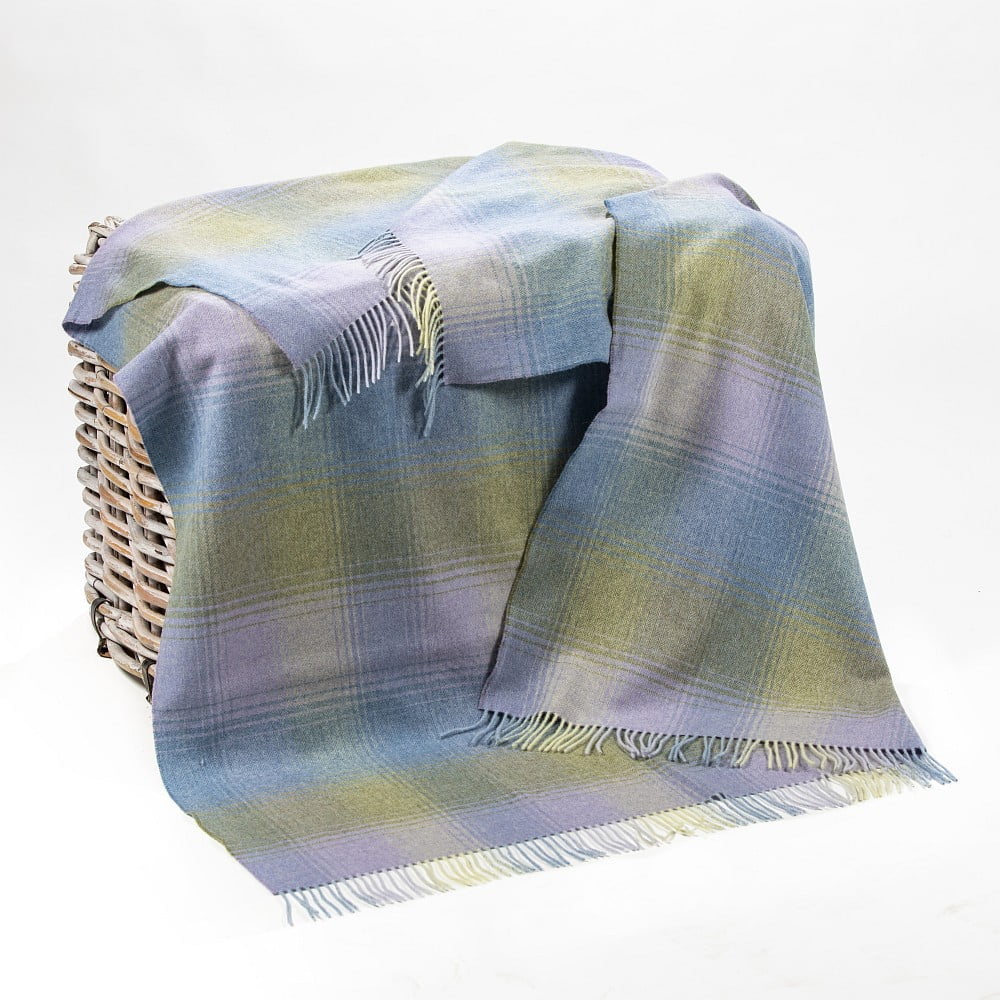 Lambswool Throw Blue Green Lilac Herringbone Check