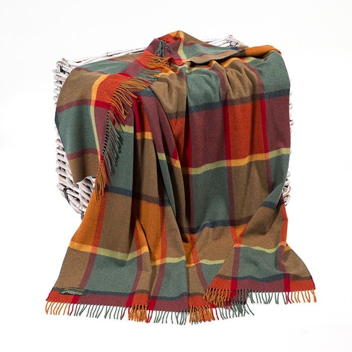 John Hanly Lambswool Throw Orange Green Yellow and Wine Check