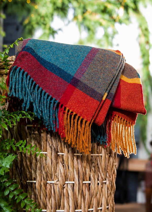 John Hanly Lambswool Throw Orange Green Yellow and Wine Check