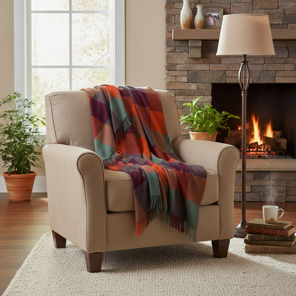 John Hanly Lambswool Throw Orange Maroon Sea Green Block