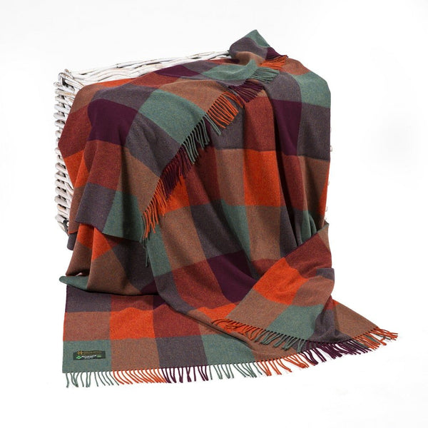 John Hanly Lambswool Throw Orange Maroon Sea Green Block
