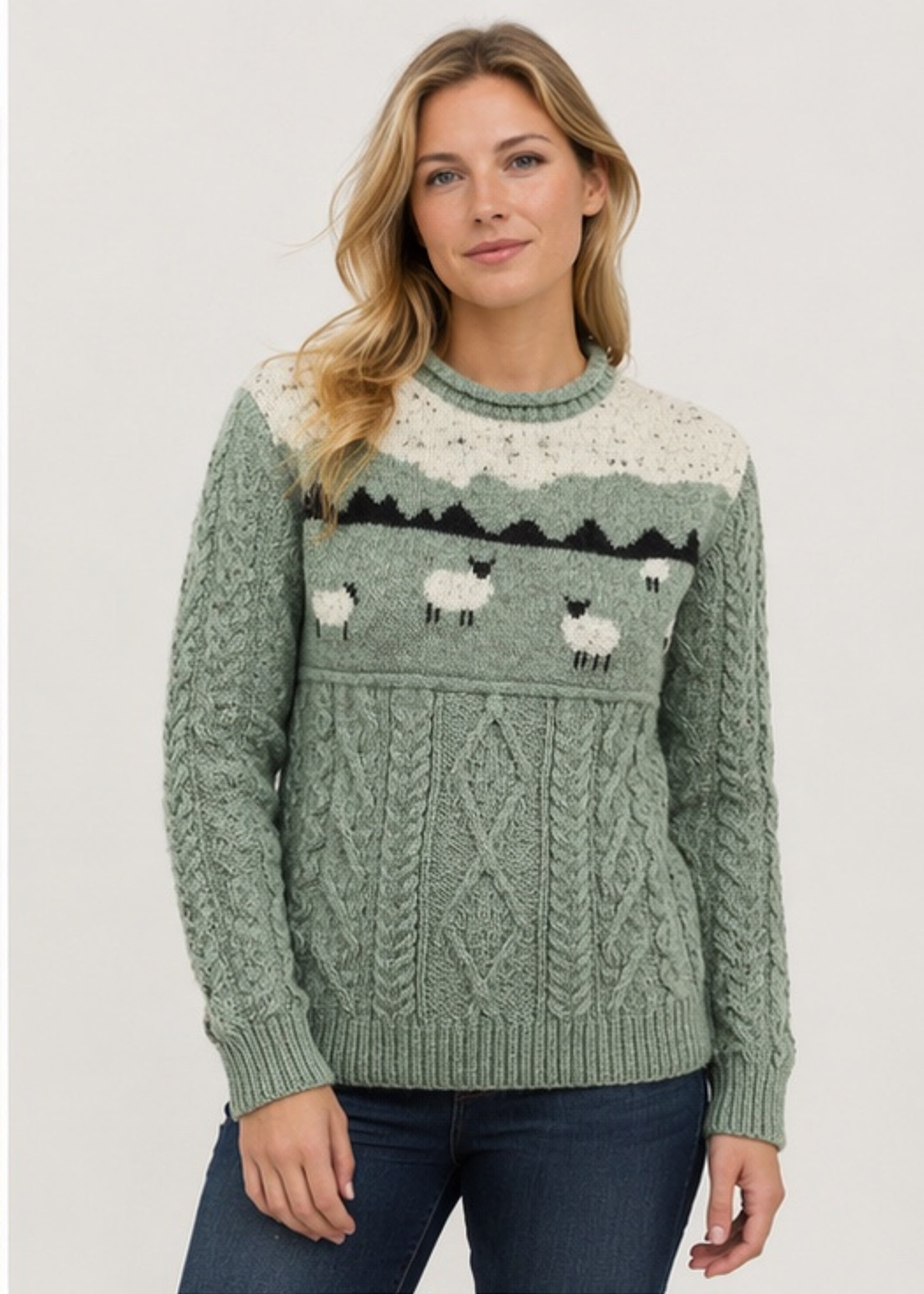 Unisex Pure Wool Sheep Aran Sweater | Sage Green