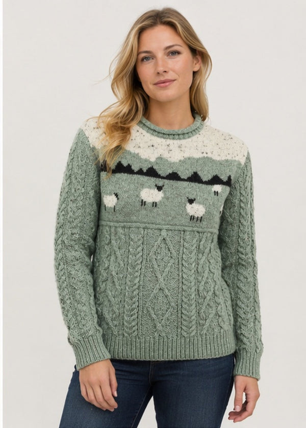 Unisex Pure Wool Sheep Aran Sweater | Sage Green