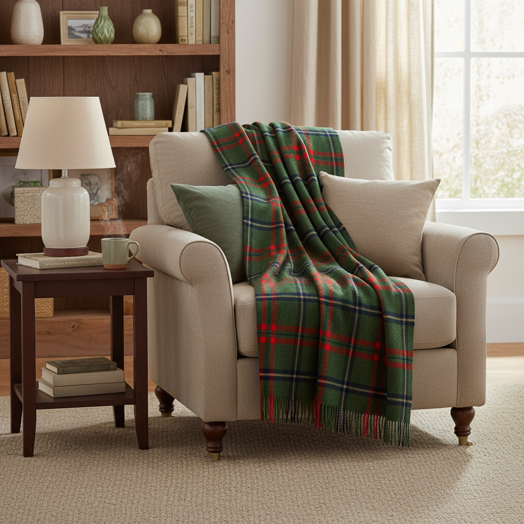 John Hanly Lambswool Throw | Green Red Navy Blue Check