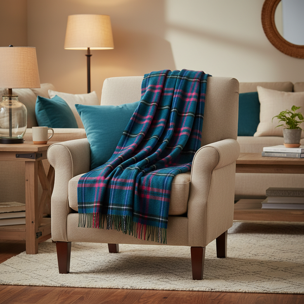 John Hanly Lambswool Throw | Blue Pink Grey Check