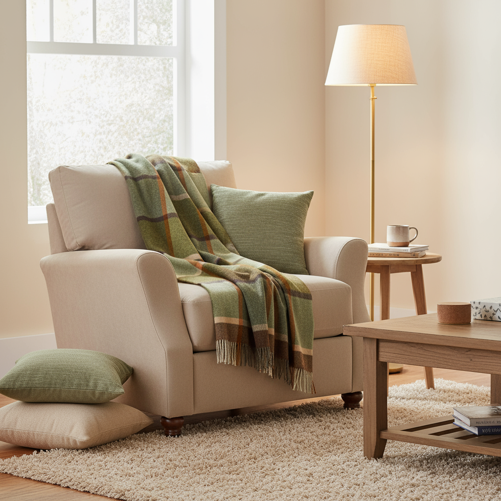 John Hanly Lambswool Throw | Green Brown Orange Check