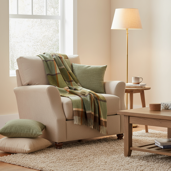 John Hanly Lambswool Throw | Green Brown Orange Check