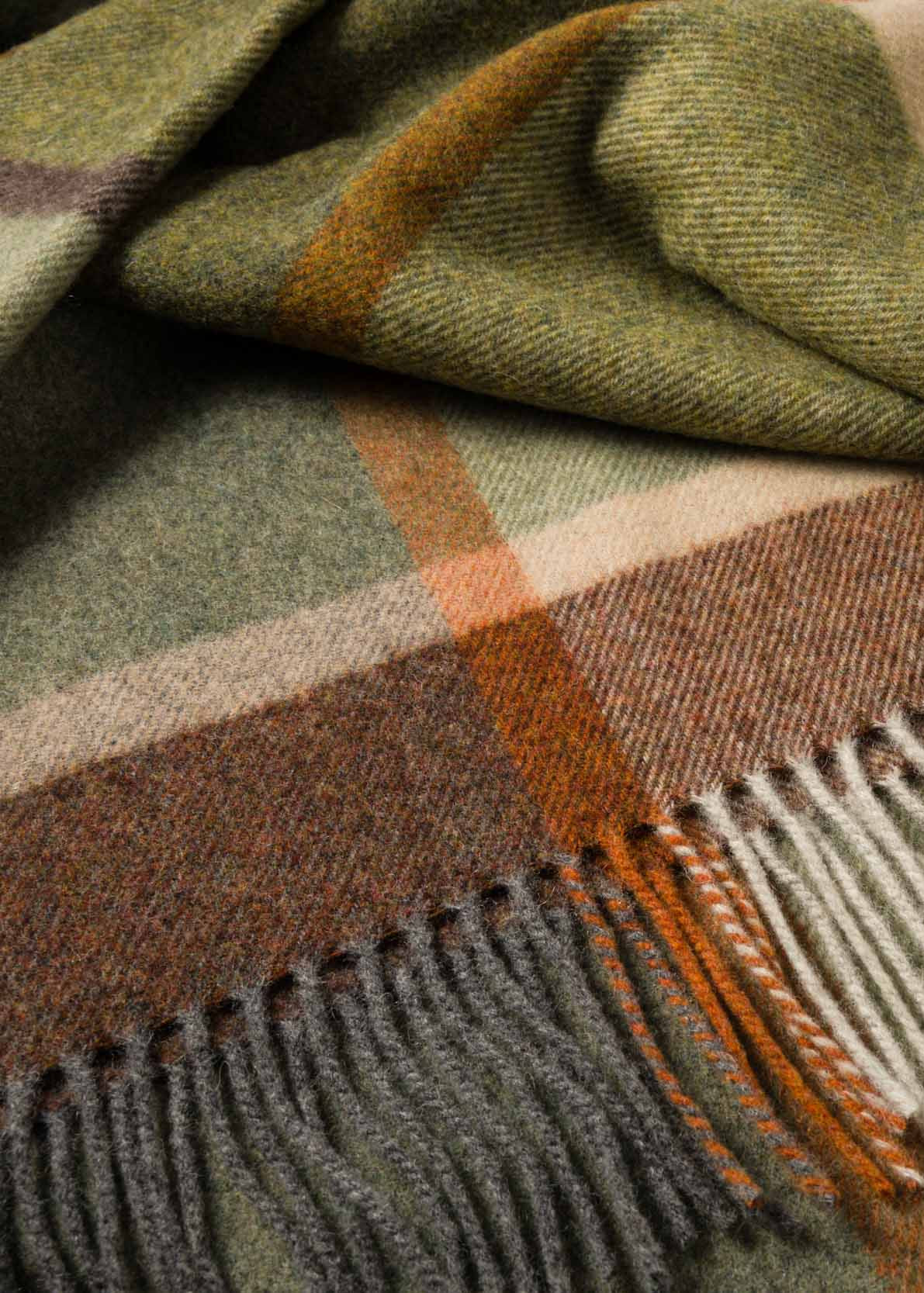 John Hanly Lambswool Throw | Green Brown Orange Check