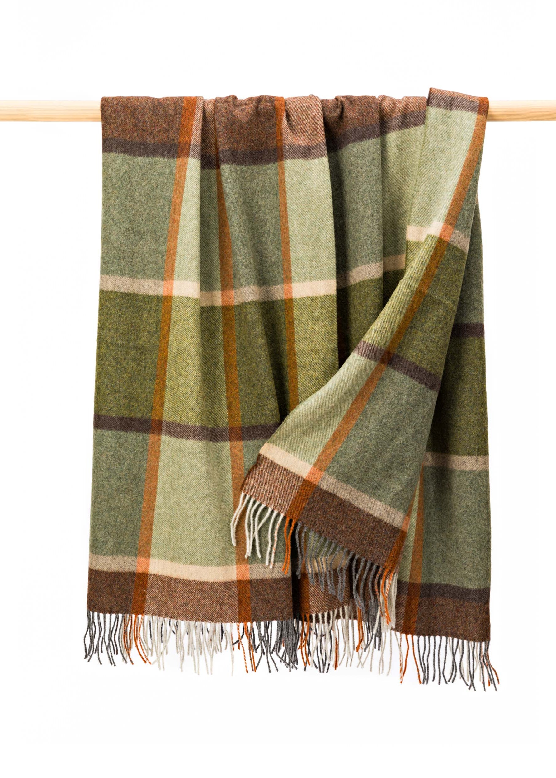 John Hanly Lambswool Throw | Green Brown Orange Check