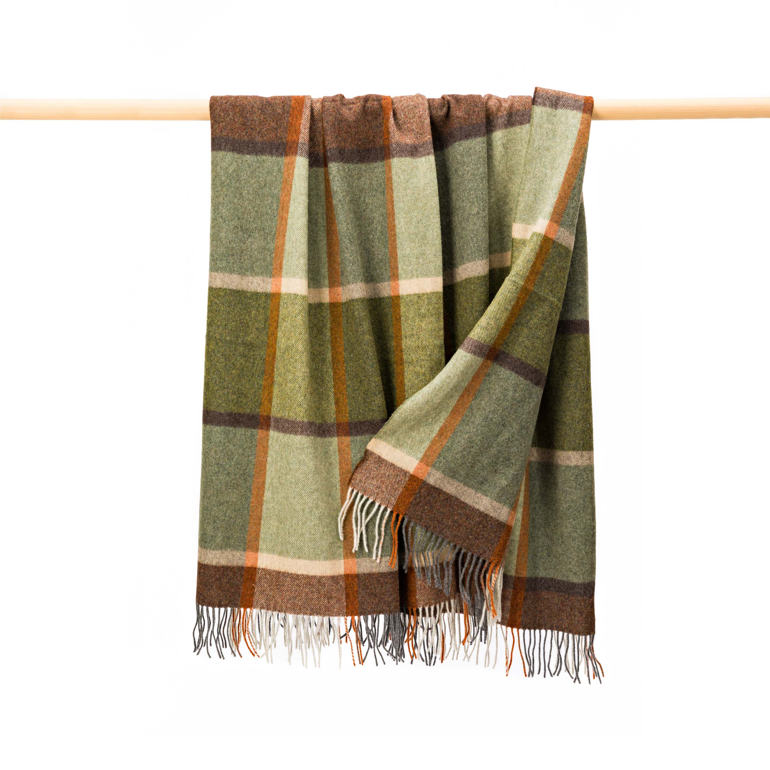 John Hanly Lambswool Throw | Green Brown Orange Check