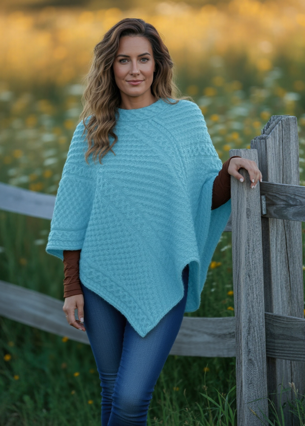 Aran Merino Wool Cowl Poncho | Aqua