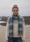 John Hanly Blue Beige Check Scarf | 100% Irish Lambswool
