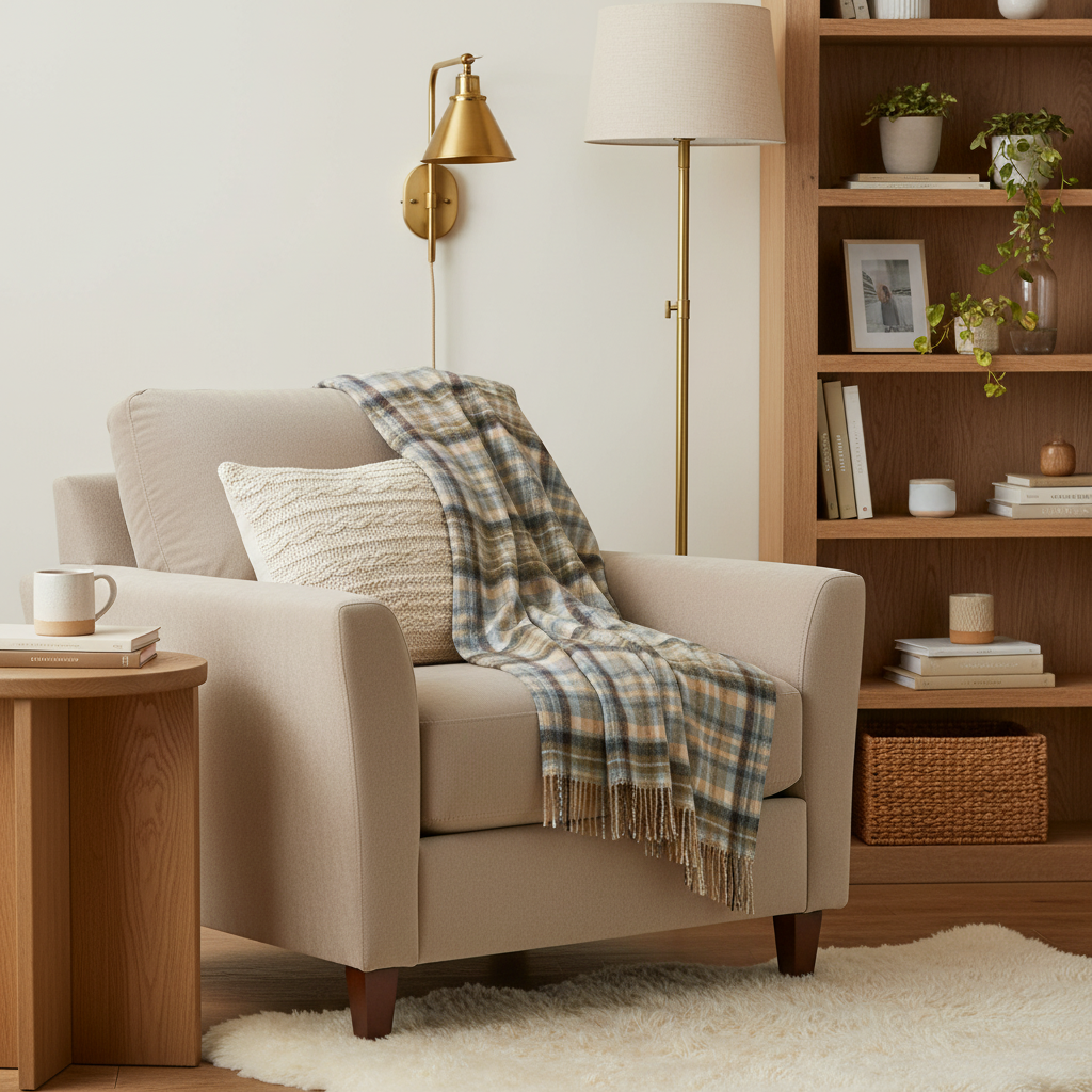 John Hanly Lambswool Throw | Blue Cream Brown Denim Check