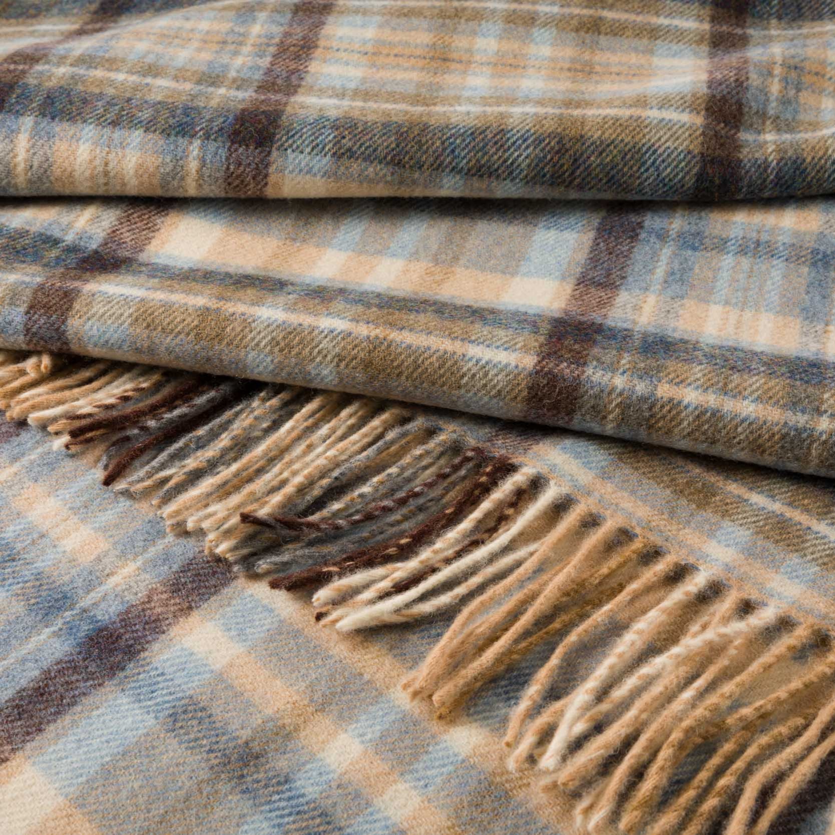 John Hanly Lambswool Throw | Blue Cream Brown Denim Check