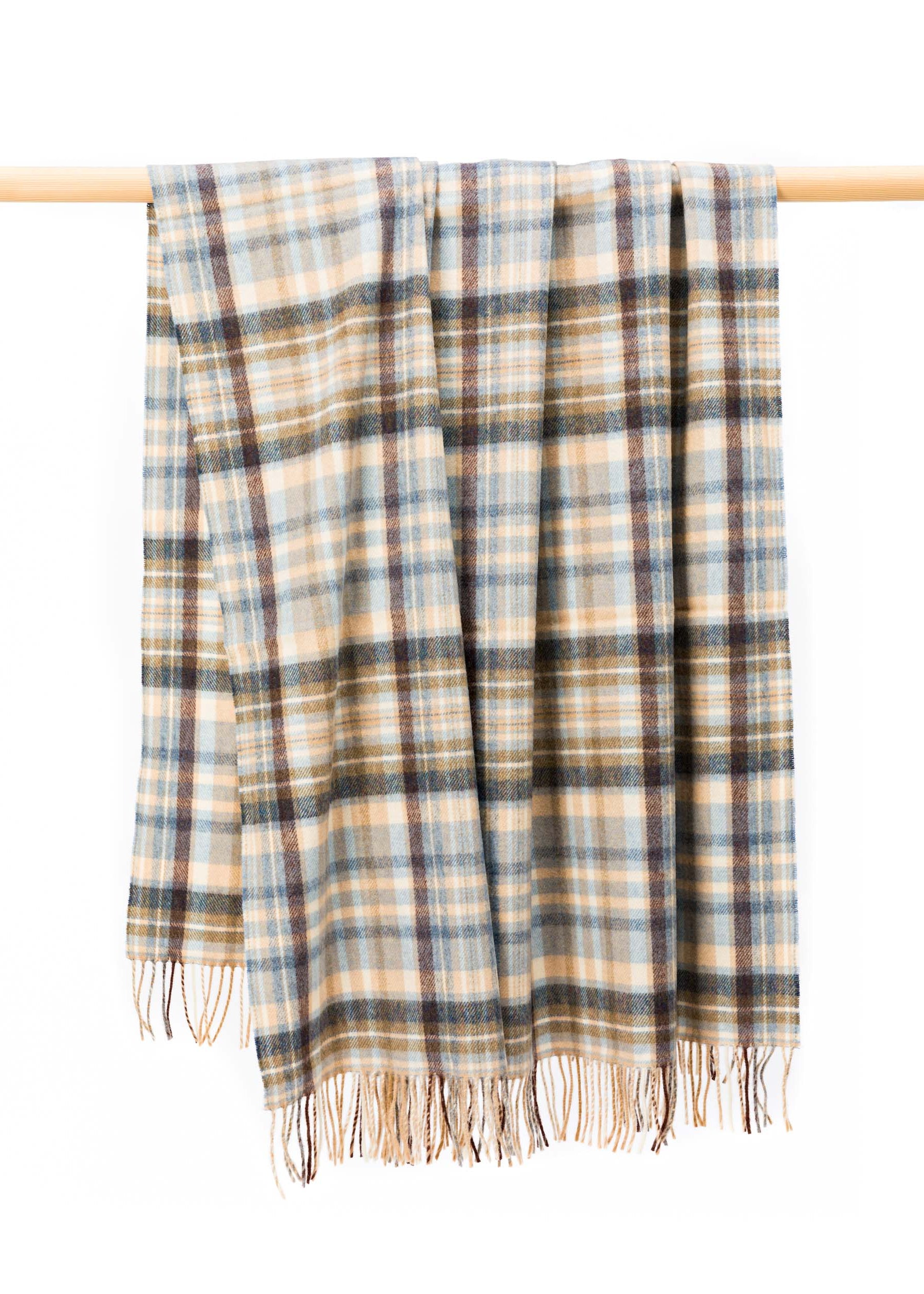 John Hanly Lambswool Throw | Blue Cream Brown Denim Check