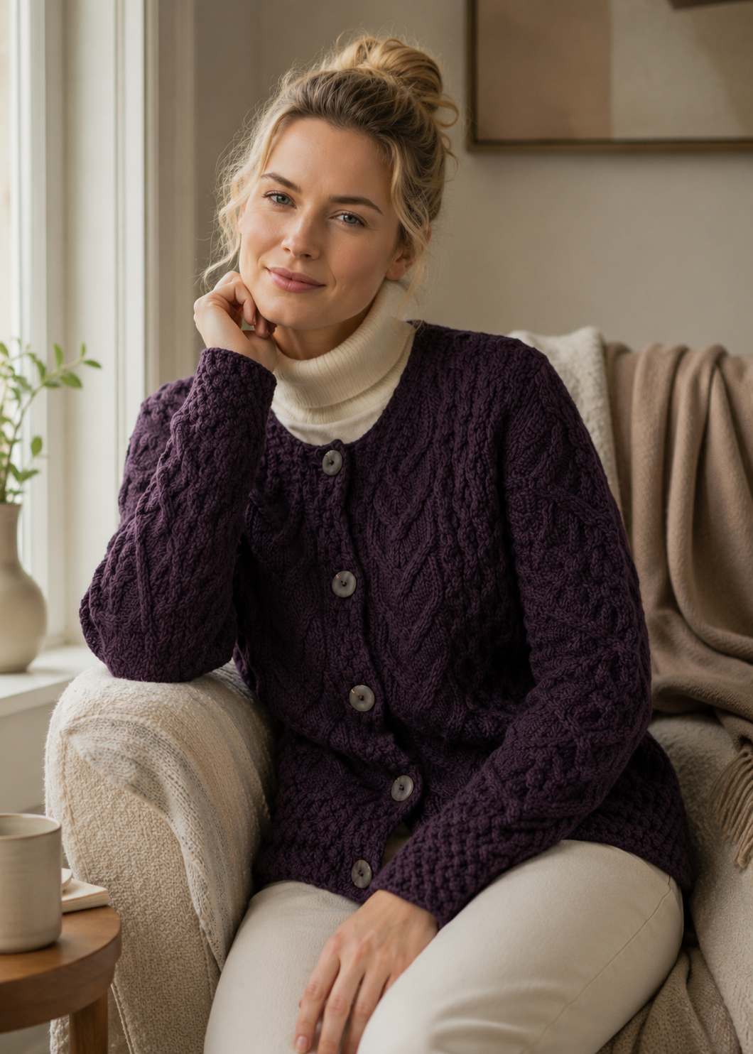 Women's Aran Cable Knit Cardigan | Velvet Plum - Clearance