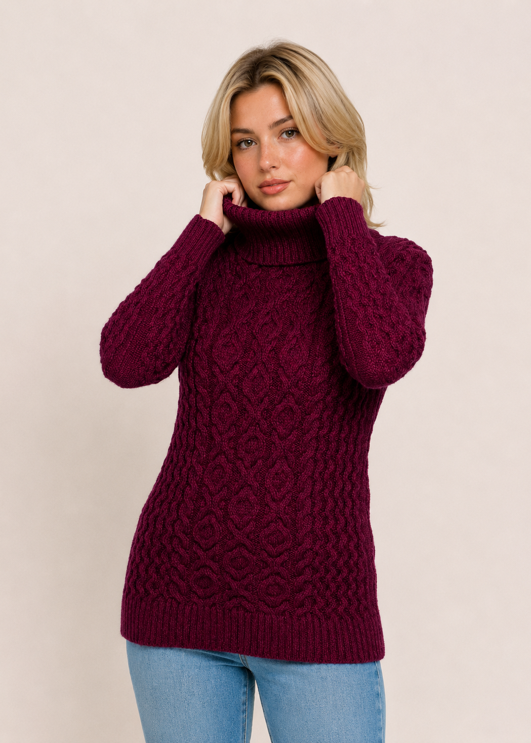 Merino Wool Polo Neck Aran Sweater | Raspberry Marl 