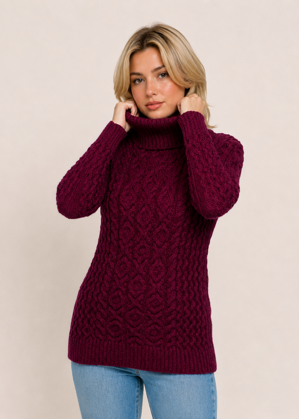 Merino Wool Polo Neck Aran Sweater | Raspberry Marl 