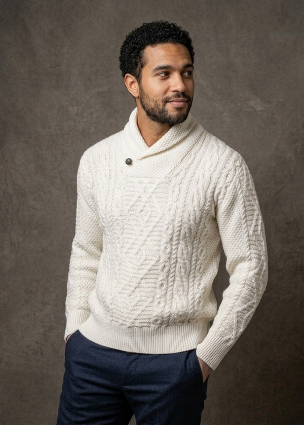 Men's Aran Shawl Neck Sweater | Natural Merino Wool
