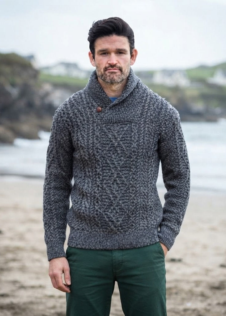 Aran Merino Wool Shawl Neck Sweater | Slate