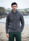 Aran Merino Wool Shawl Neck Sweater | Slate