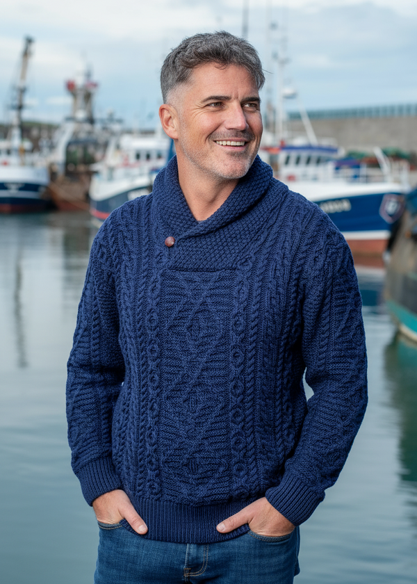 Men's Merino Wool Aran Shawl Neck Sweater | DWB