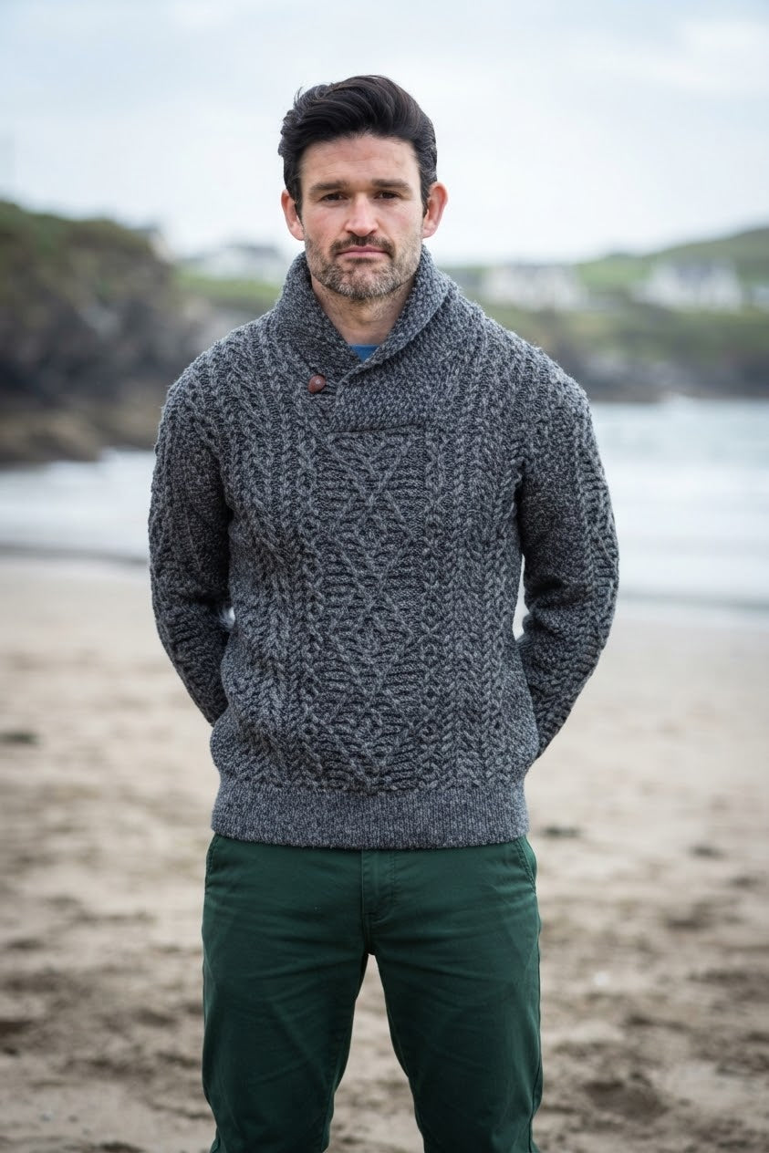 Aran Merino Wool Shawl Neck Sweater | Slate