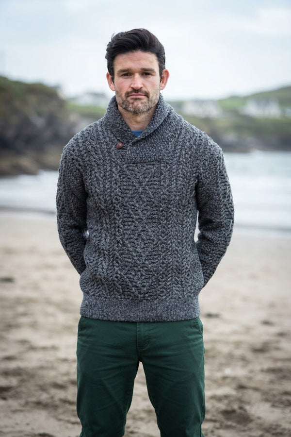 Aran Merino Wool Shawl Neck Sweater | Slate